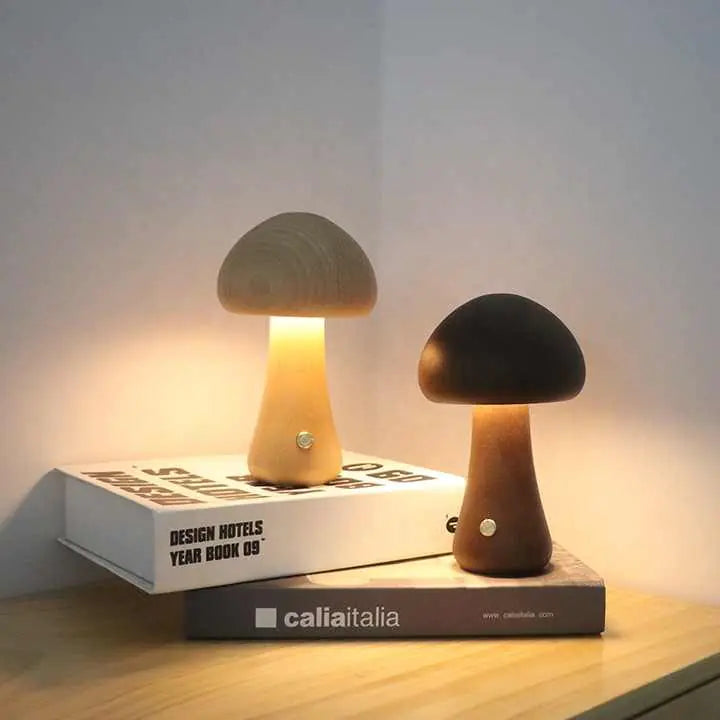 Wooden Mushroom LED Night Light – Rechargeable & Portable