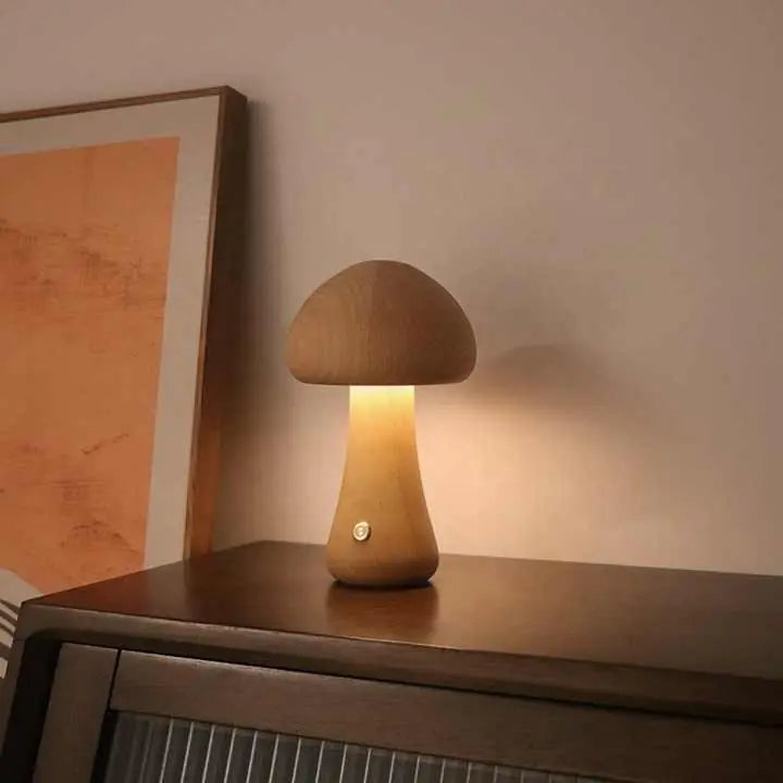 Wooden Mushroom LED Night Light – Rechargeable & Portable