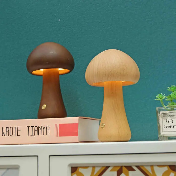 Wooden Mushroom LED Night Light – Rechargeable & Portable