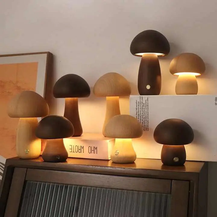 Wooden Mushroom LED Night Light – Rechargeable & Portable