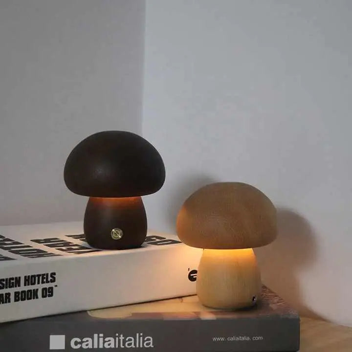 Wooden Mushroom LED Night Light – Rechargeable & Portable