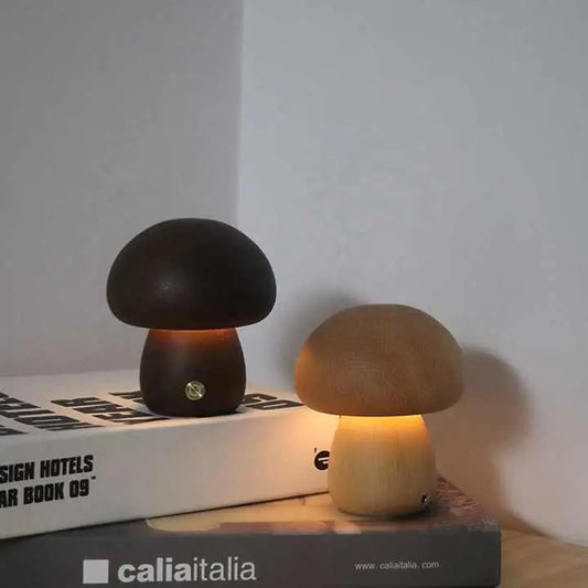 Wooden Mushroom LED Night Light – Rechargeable & Portable