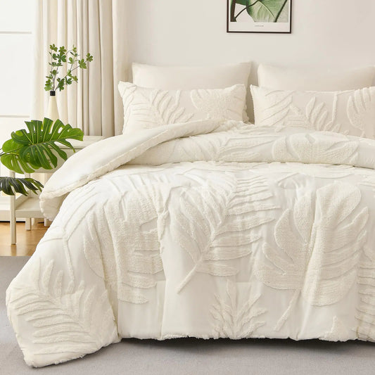 3-Piece Ivory King Comforter Set – Lightweight Tufted Bedding with Botanical Palm Leaf Pattern, Includes Comforter and 2 Pillow Shams